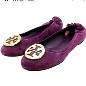 Tory Burch Reva Maroon Suede Flats with Gold Emblem Size 8.5